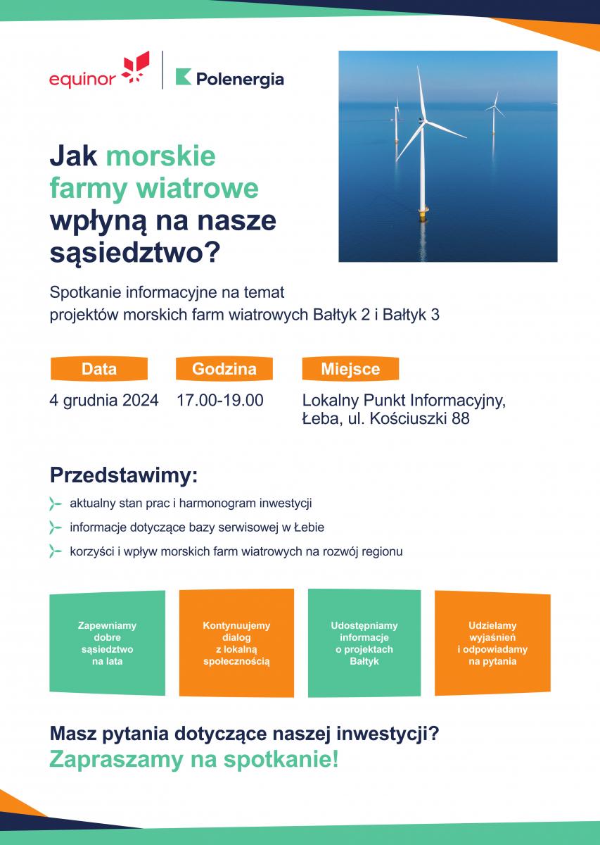 Zaproszenie na spotkanie informacyjne dotyczące farm wiatrowych, które odbędzie się 4 grudnia o godzinie siedemnastej w Lokalnym Punkcie Informacyjnym w Łebie, ul. Kościuszki 88.