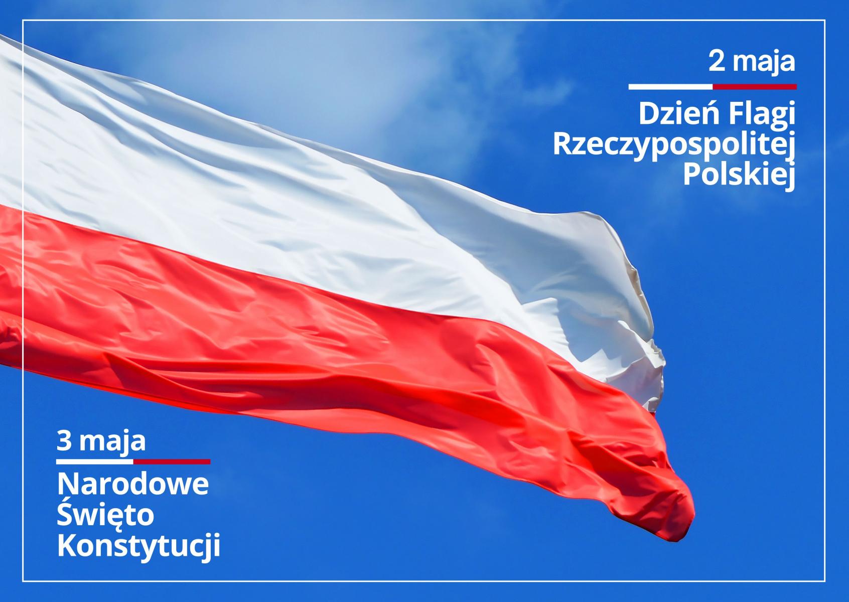 Zdjecie przedstawiające flagę Polski z okazji uroczystości święta 2 i 3 maja