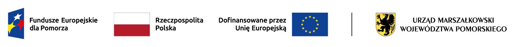 Ciąg czterech logotypów w kolejności od lewej: 1. Fundusze Europejskie dla Pomorza, 2. Rzeczpospolita Polska, 3. Dofinansowane przez Unię Europejską, 4. Urząd Marszałkowski Województwa Pomorskiego.